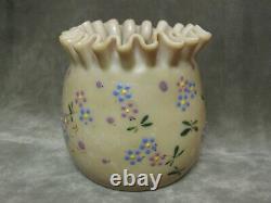Victorian Art Glass Floral Enamel Crimped Top Custard Caramel Vase Hand Blown