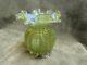 Victorian Art Glass Green Threaded Surface Opalescent Ruffled Hand Blown Vase