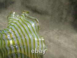 Victorian Art Glass Green Threaded Surface Opalescent Ruffled Hand Blown Vase
