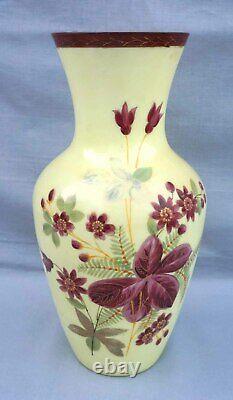 Victorian Art Glass Hand Painted Enameled Yellow Opaline Large 12 Vase 19th C