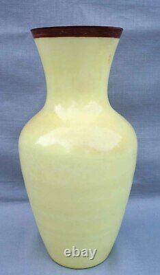 Victorian Art Glass Hand Painted Enameled Yellow Opaline Large 12 Vase 19th C