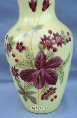 Victorian Art Glass Hand Painted Enameled Yellow Opaline Large 12 Vase 19th C