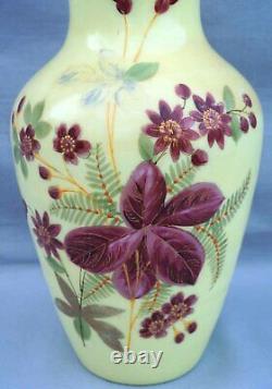 Victorian Art Glass Hand Painted Enameled Yellow Opaline Large 12 Vase 19th C