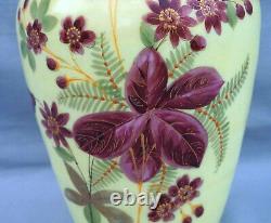 Victorian Art Glass Hand Painted Enameled Yellow Opaline Large 12 Vase 19th C