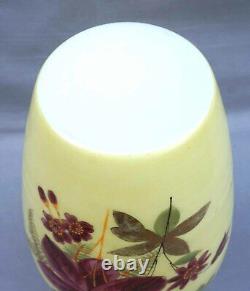 Victorian Art Glass Hand Painted Enameled Yellow Opaline Large 12 Vase 19th C