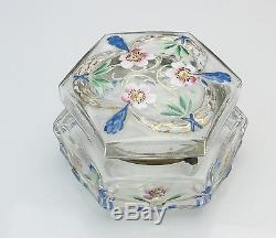 Victorian Art Glass Hexagonal Dresser Box with Enameled Flowers