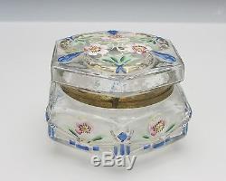 Victorian Art Glass Hexagonal Dresser Box with Enameled Flowers