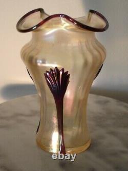 Victorian Art Glass Kralik Claw Tri-fold Top Iridized Vase