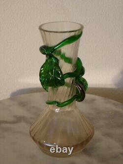 Victorian Art Glass Kralik Iridized Leaf Decorated Vase