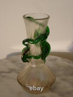 Victorian Art Glass Kralik Iridized Leaf Decorated Vase