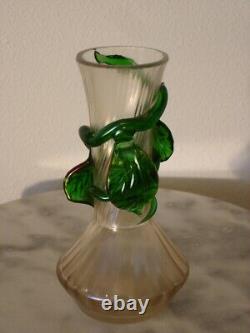 Victorian Art Glass Kralik Iridized Leaf Decorated Vase