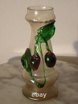 Victorian Art Glass Kralik Iridized Leaf and Fruit Decorated Vase