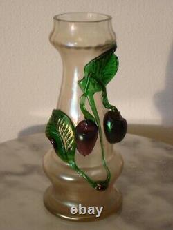 Victorian Art Glass Kralik Iridized Leaf and Fruit Decorated Vase