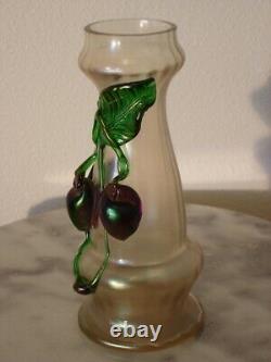 Victorian Art Glass Kralik Iridized Leaf and Fruit Decorated Vase