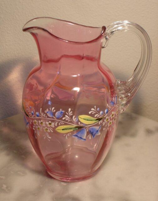 Victorian Art Glass Light Ruby/cranberry Stain Creamer With Enamel Floral Decor