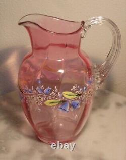 Victorian Art Glass Light Ruby/Cranberry Stain Creamer with Enamel Floral Decor