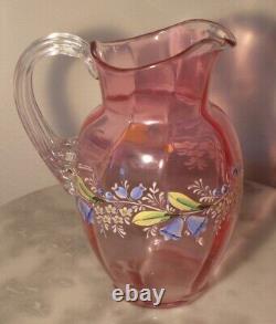 Victorian Art Glass Light Ruby/Cranberry Stain Creamer with Enamel Floral Decor