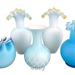 Victorian Art Glass Lot 5 Blue Satin MOP Vase Diamond Quilted Cased Ruffled U31