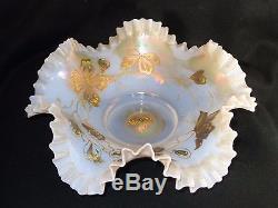 Victorian Art Glass Opal Iridescent Crimped Brides Basket