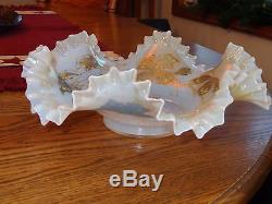 Victorian Art Glass Opal Iridescent Crimped Brides Basket