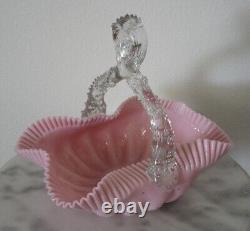 Victorian Art Glass Opaque Pink Overshot Handled Basket