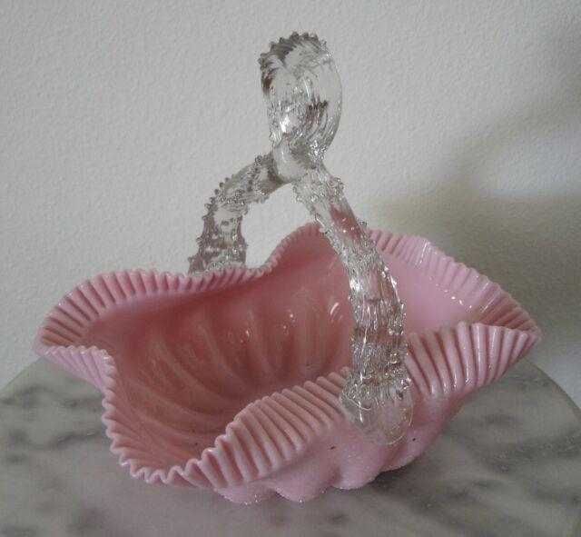 Victorian Art Glass Opaque Pink Overshot Handled Basket