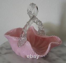 Victorian Art Glass Opaque Pink Overshot Handled Basket