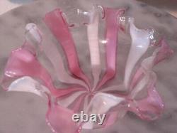 Victorian Art Glass Opaque Pink White Stripe Finger Bowl with Underliner