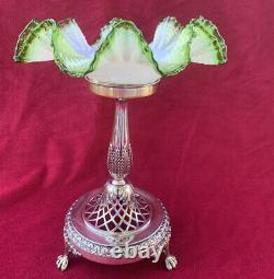 Victorian Art Glass Pedestal Bride's Basket on Silver Plated Stand 10.5 tall