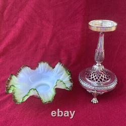 Victorian Art Glass Pedestal Bride's Basket on Silver Plated Stand 10.5 tall