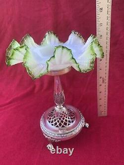 Victorian Art Glass Pedestal Bride's Basket on Silver Plated Stand 10.5 tall