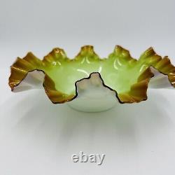 Victorian Art Glass Pistachio Green Cased Glass Ruffled Bowl W Ox Blood Red Rim