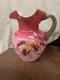 Victorian Art Glass Pitcher With Beaded Handle, Oak Leaves, Acorns & Butterflies