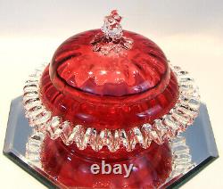 Victorian Art Glass Ruby Lidded Bowl Applied Ruffle & Finial 1880's Gorgeous