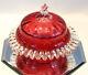 Victorian Art Glass Ruby Lidded Bowl Applied Ruffle & Finial 1880's Gorgeous