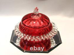 Victorian Art Glass Ruby Lidded Bowl Applied Ruffle & Finial 1880's Gorgeous