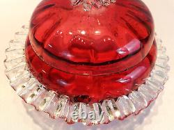 Victorian Art Glass Ruby Lidded Bowl Applied Ruffle & Finial 1880's Gorgeous