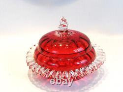 Victorian Art Glass Ruby Lidded Bowl Applied Ruffle & Finial 1880's Gorgeous