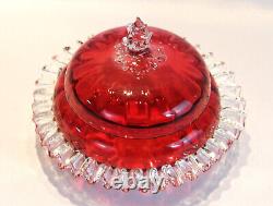 Victorian Art Glass Ruby Lidded Bowl Applied Ruffle & Finial 1880's Gorgeous