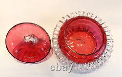 Victorian Art Glass Ruby Lidded Bowl Applied Ruffle & Finial 1880's Gorgeous