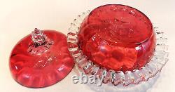 Victorian Art Glass Ruby Lidded Bowl Applied Ruffle & Finial 1880's Gorgeous