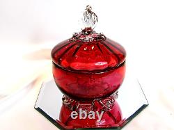 Victorian Art Glass Ruby Lidded Bowl Dish Prunt Feet & Finial 1880's Gorgeous