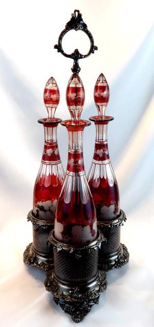 Victorian Art Glass Ruby Stained Triple Wine Decanter Set Silver Caddy C. 1850