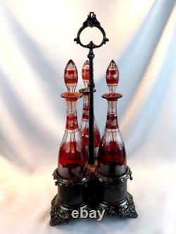 Victorian Art Glass Ruby Stained Triple Wine Decanter Set Silver Caddy c. 1850 Victorian Art Glass Ruby Stained Triple Wine Decanter Set Silver Caddy c. 1850