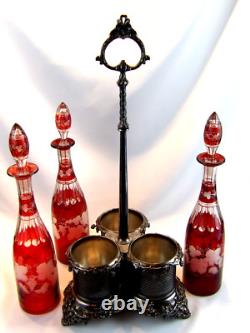 Victorian Art Glass Ruby Stained Triple Wine Decanter Set Silver Caddy c. 1850 Victorian Art Glass Ruby Stained Triple Wine Decanter Set Silver Caddy c. 1850
