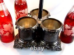 Victorian Art Glass Ruby Stained Triple Wine Decanter Set Silver Caddy c. 1850 Victorian Art Glass Ruby Stained Triple Wine Decanter Set Silver Caddy c. 1850