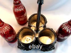 Victorian Art Glass Ruby Stained Triple Wine Decanter Set Silver Caddy c. 1850 Victorian Art Glass Ruby Stained Triple Wine Decanter Set Silver Caddy c. 1850