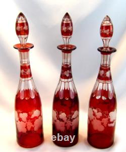 Victorian Art Glass Ruby Stained Triple Wine Decanter Set Silver Caddy c. 1850 Victorian Art Glass Ruby Stained Triple Wine Decanter Set Silver Caddy c. 1850