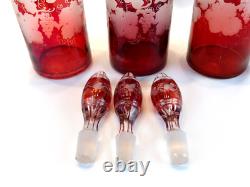 Victorian Art Glass Ruby Stained Triple Wine Decanter Set Silver Caddy c. 1850 Victorian Art Glass Ruby Stained Triple Wine Decanter Set Silver Caddy c. 1850