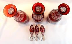Victorian Art Glass Ruby Stained Triple Wine Decanter Set Silver Caddy c. 1850 Victorian Art Glass Ruby Stained Triple Wine Decanter Set Silver Caddy c. 1850